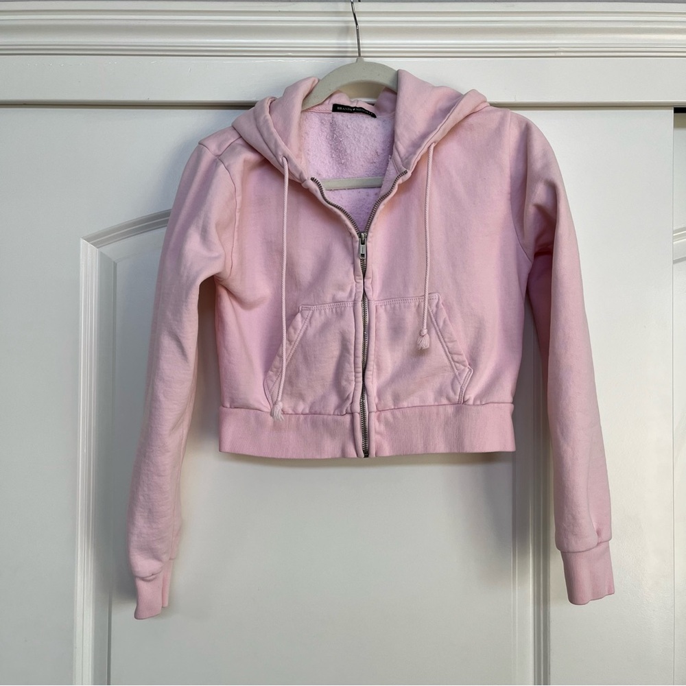 Brandy Melville Pink Cropped Zip Hoodie